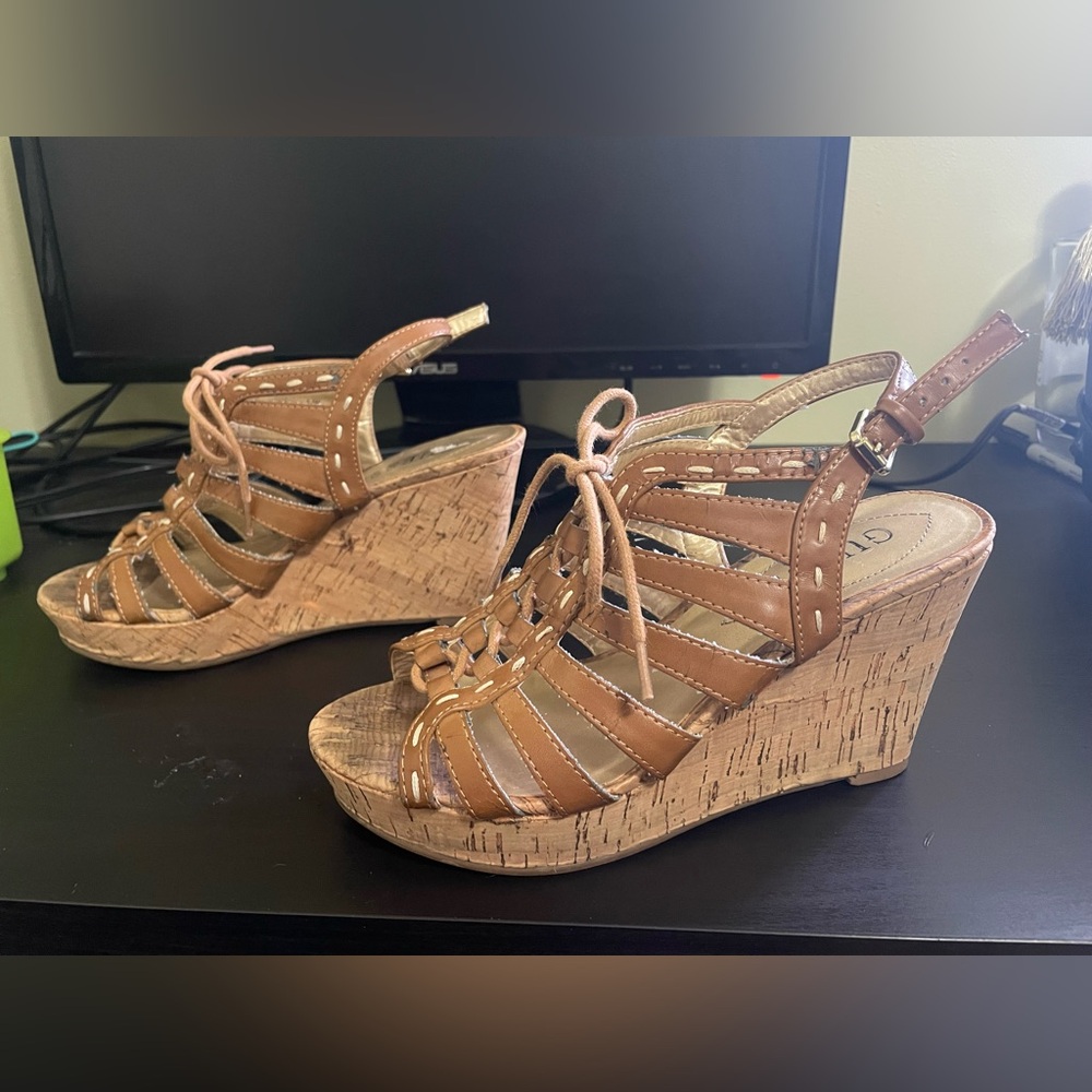 GUESS Leather Cork Sandal Wedges